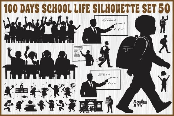 100 Days School Life Silhouette Set Graphics