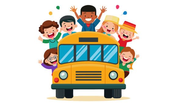 Happy Children Riding the School Bus Graphics for Crafts