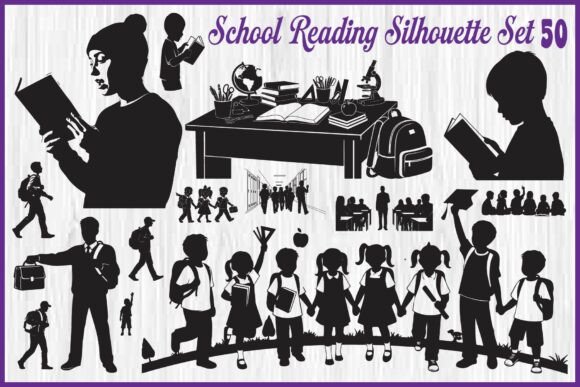 School Reading Silhouette Set: Graphics for Crafts